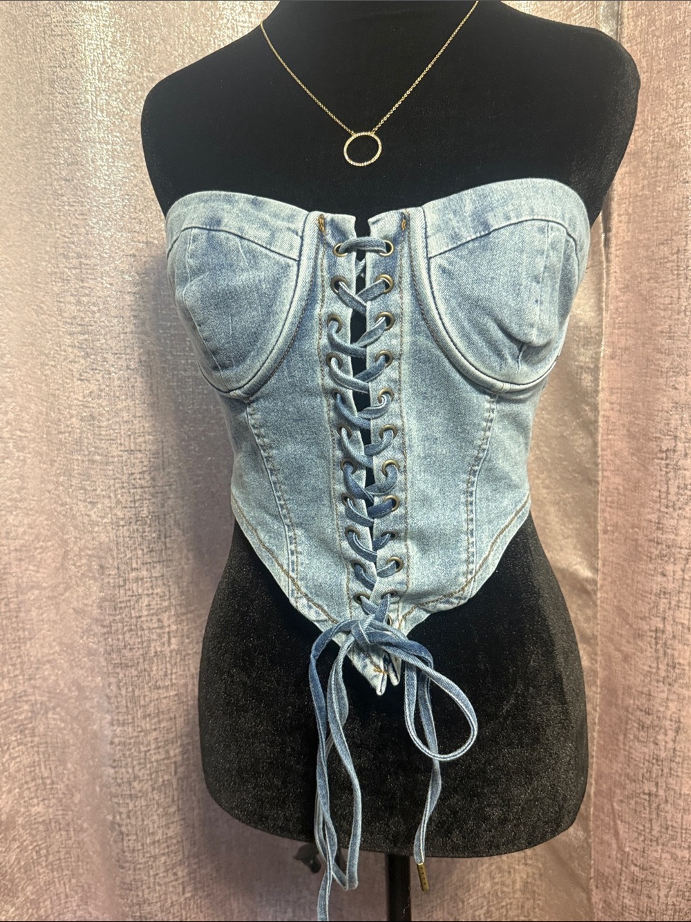 Fashion Nova Light Blue Denim Lace-Up Bustier Top